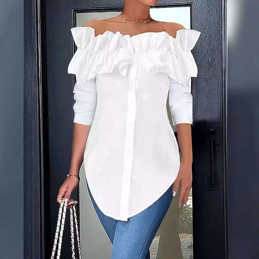 Damen Bluse mit schulterfreiem Design und voluminösen Rüschendetails GR