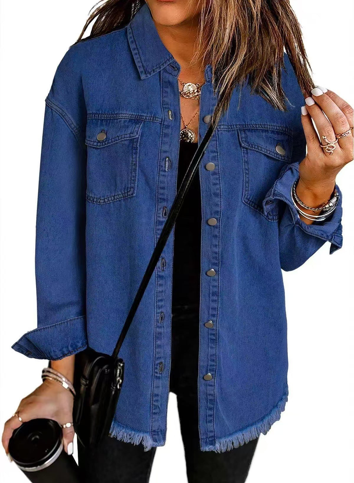 Women's Oversized Denim Shirt with Fringes, Size