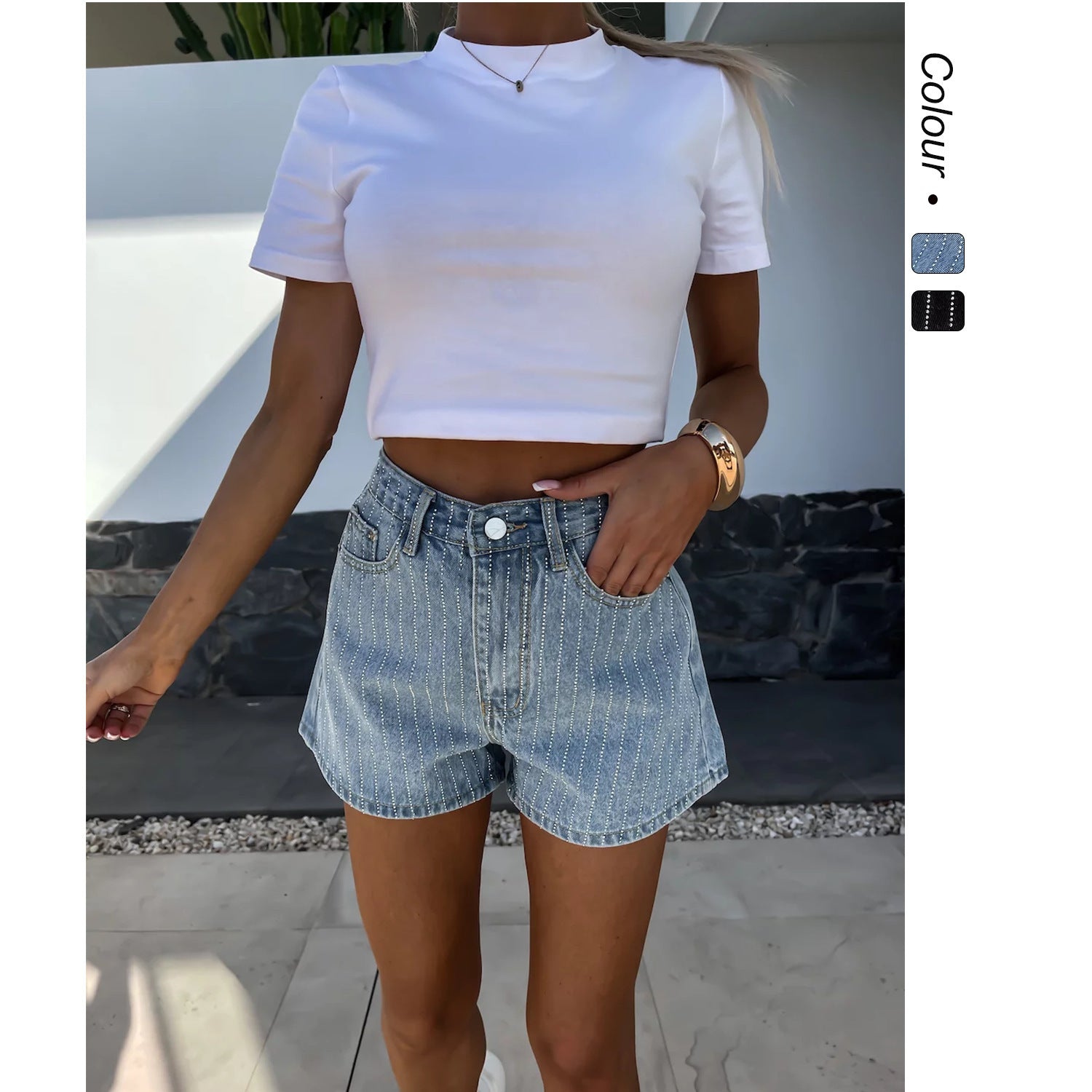 Damen Denim-Shorts mit klassischem Schnitt und feinen Nadelstreifen GR