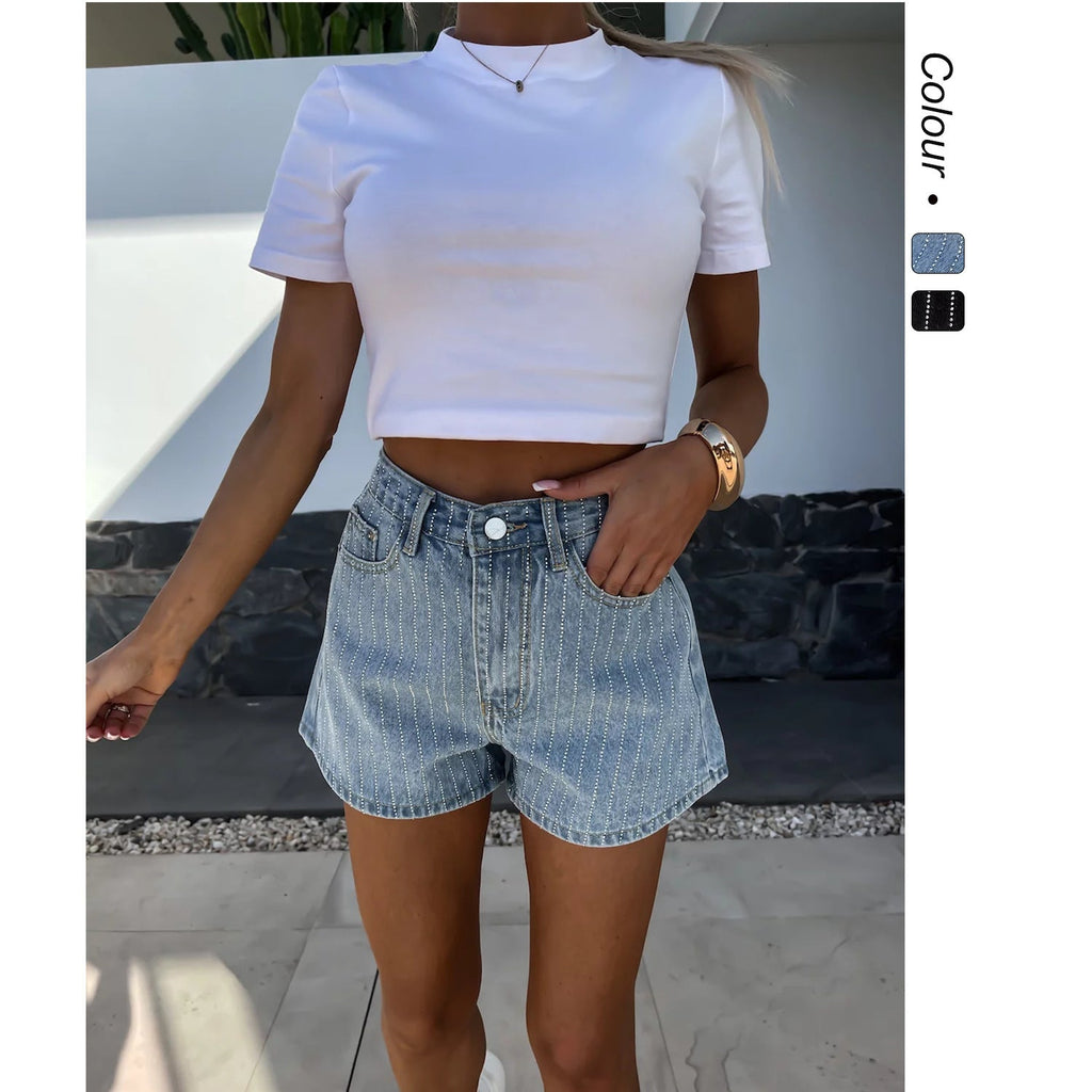 StreifenSpirit™ Damen Denim Shorts – Sommerliche High-Waist Jeansshorts mit feinem Streifenmuster, lässig & bequem