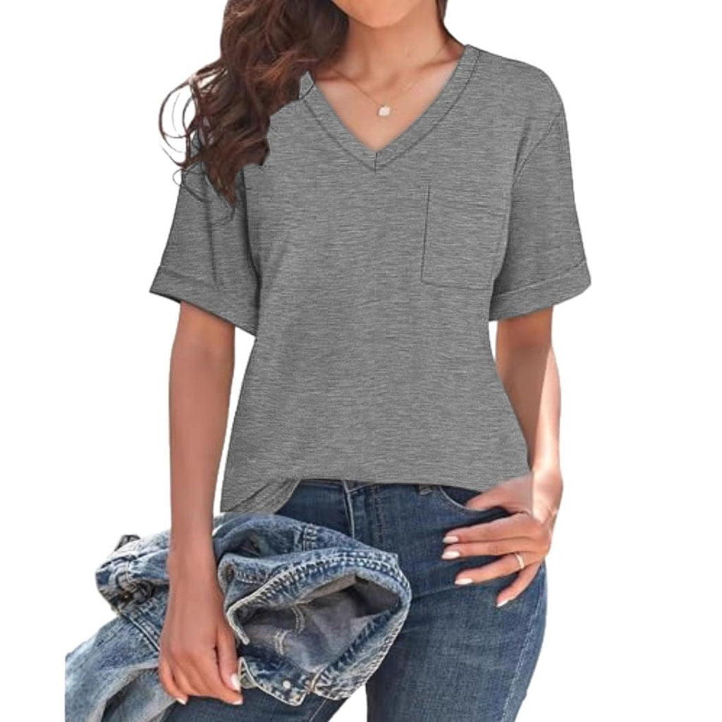 Damen V-Ausschnitt T-Shirt mit Taschen und lässiger Passform GR
