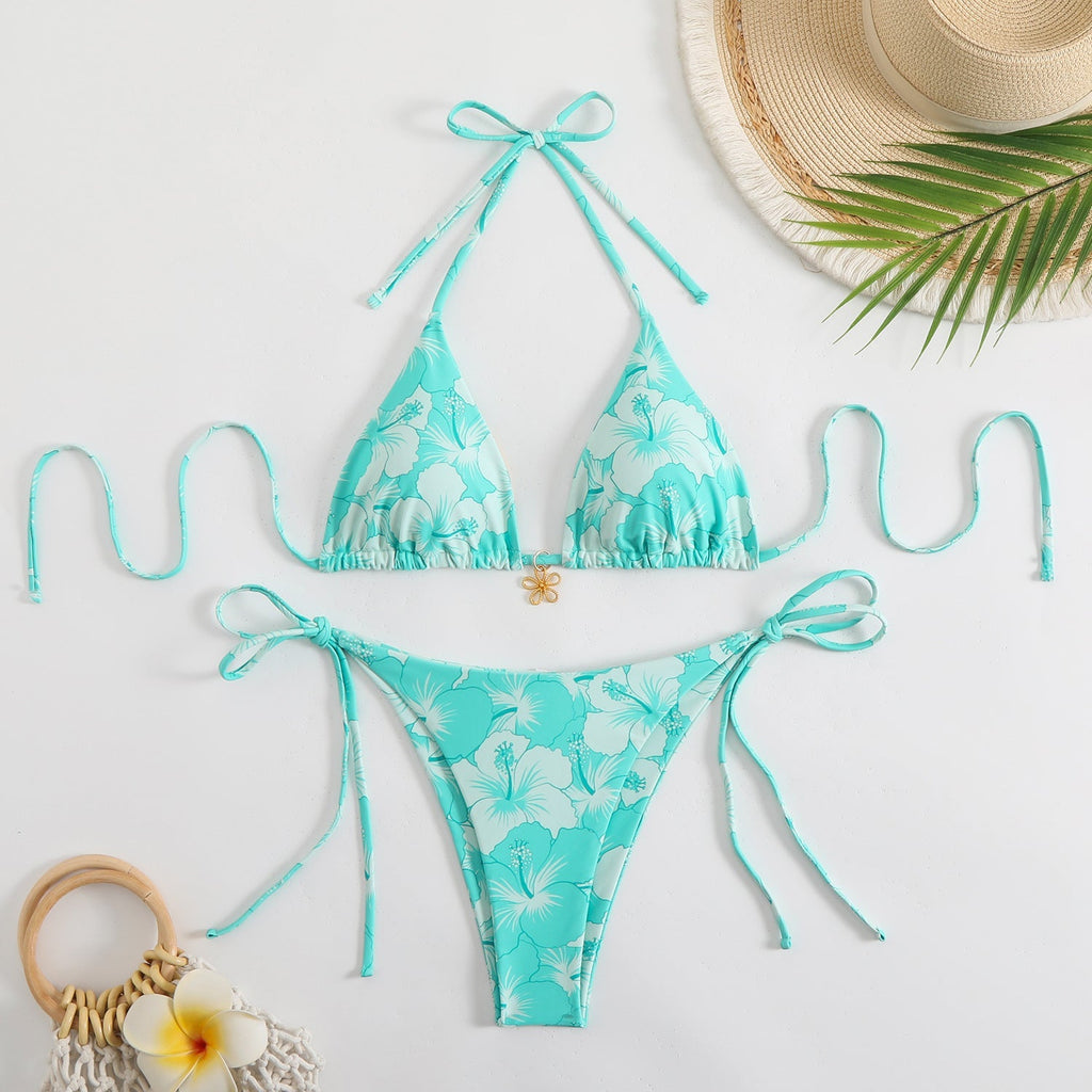 GR | Women's triangle bikini set with playful floral pattern and tie straps