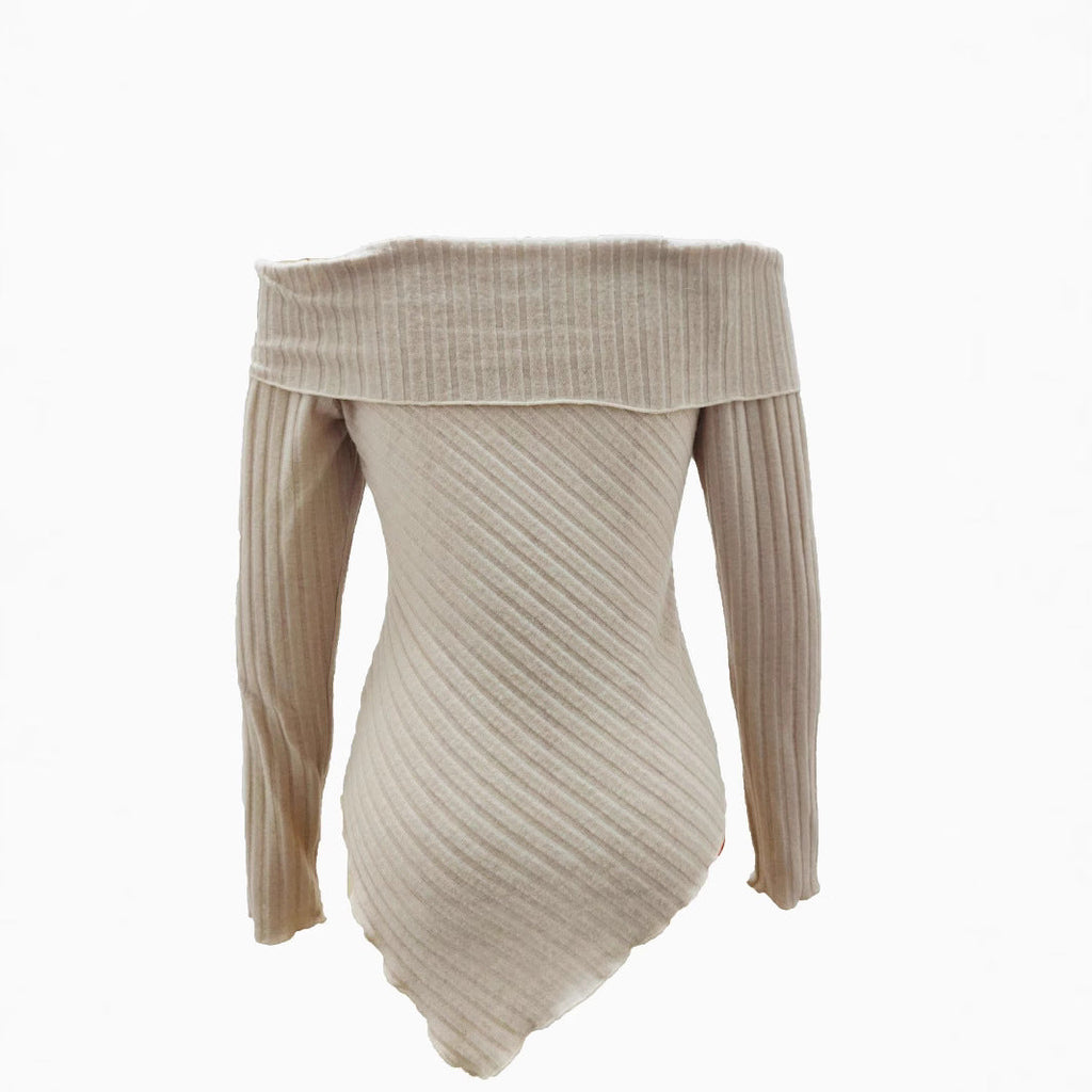 Women's off-the-shoulder ribbed knit top with asymmetrical hem and decorative details, size GR