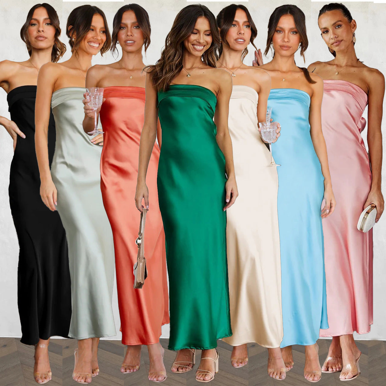 GR | Spring Summer Elegant Socialite Satin Hollow Neck Backless Tube Top Dress Length