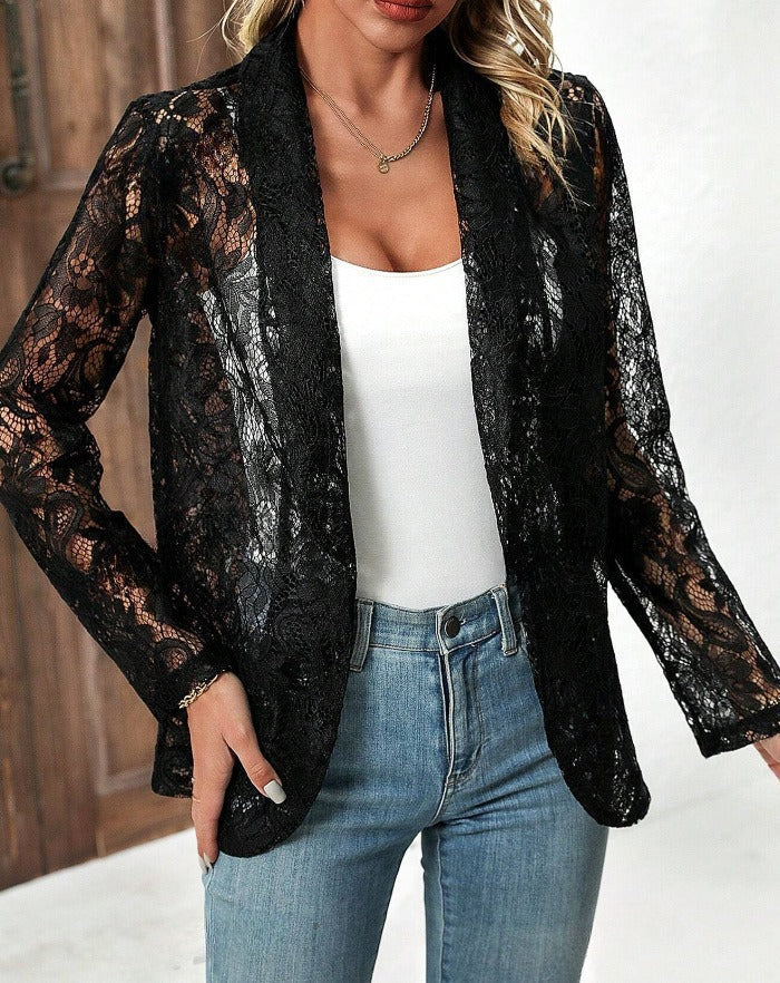 Damen leichte Spitzenjacke mit lässigem Schnitt und offene Front GR