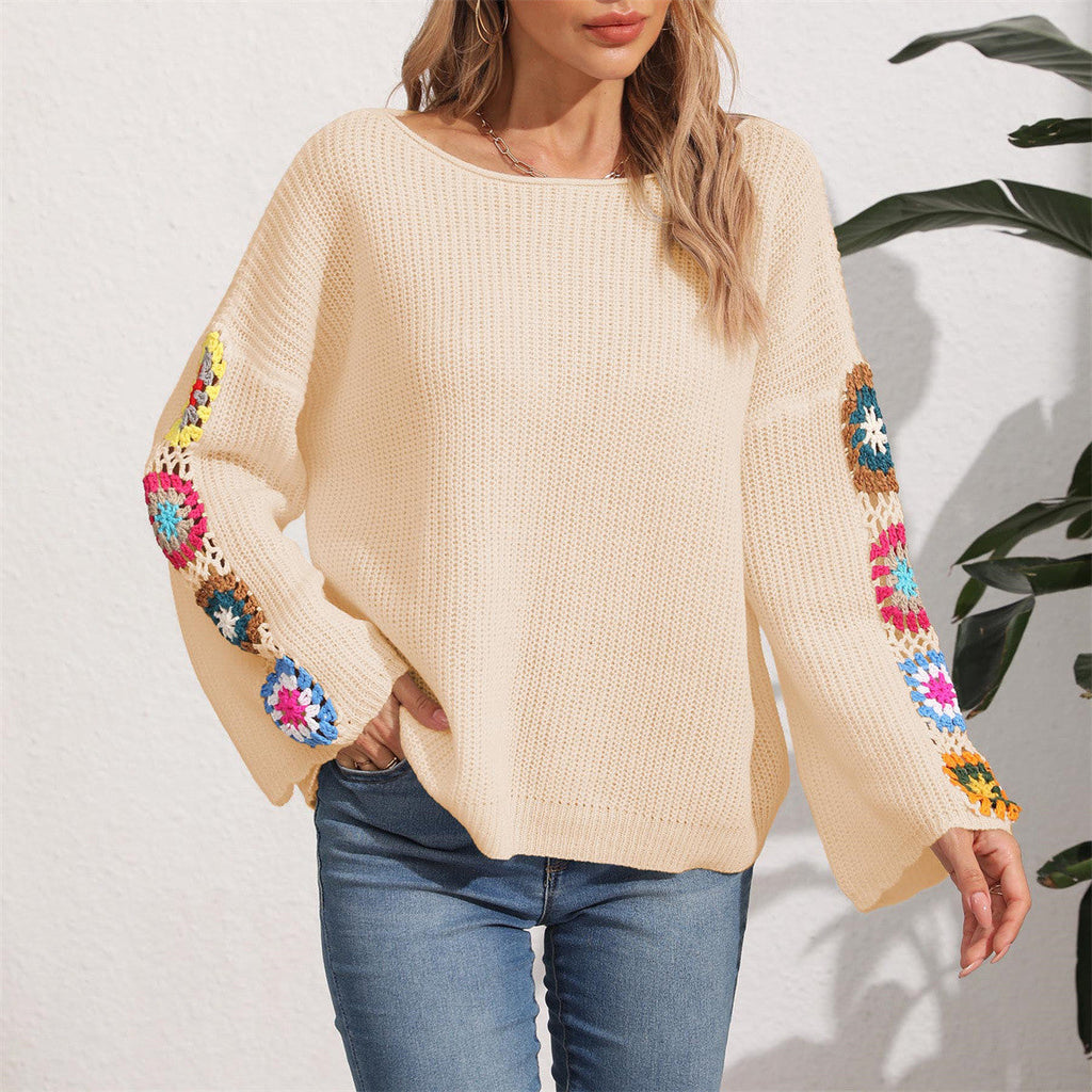 Women's elegant sweater with colorful crochet appliqués on the sleeves, size [size missing]