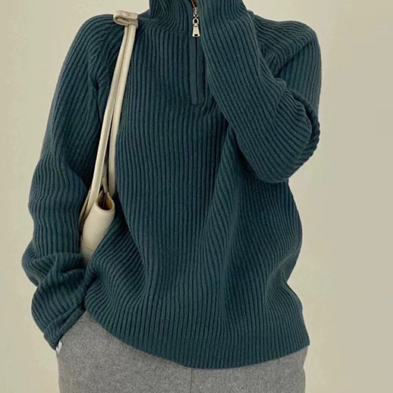 Striped turtleneck women's sweater with zipper