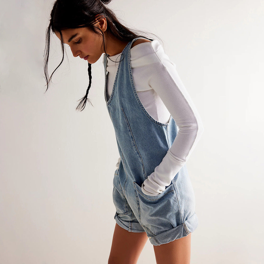 GR | Washed Denim Adjustable Strap Shorts Jumpsuit