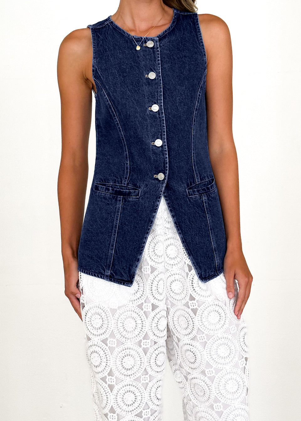 Women's denim shirt jacket with a modern cut and button details, size S