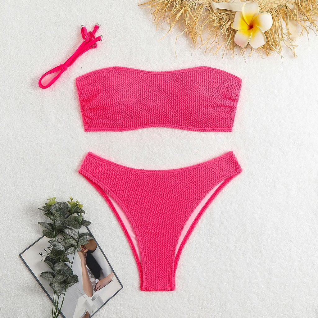 Women's bandeau bikini set with textured material and adjustable straps, size