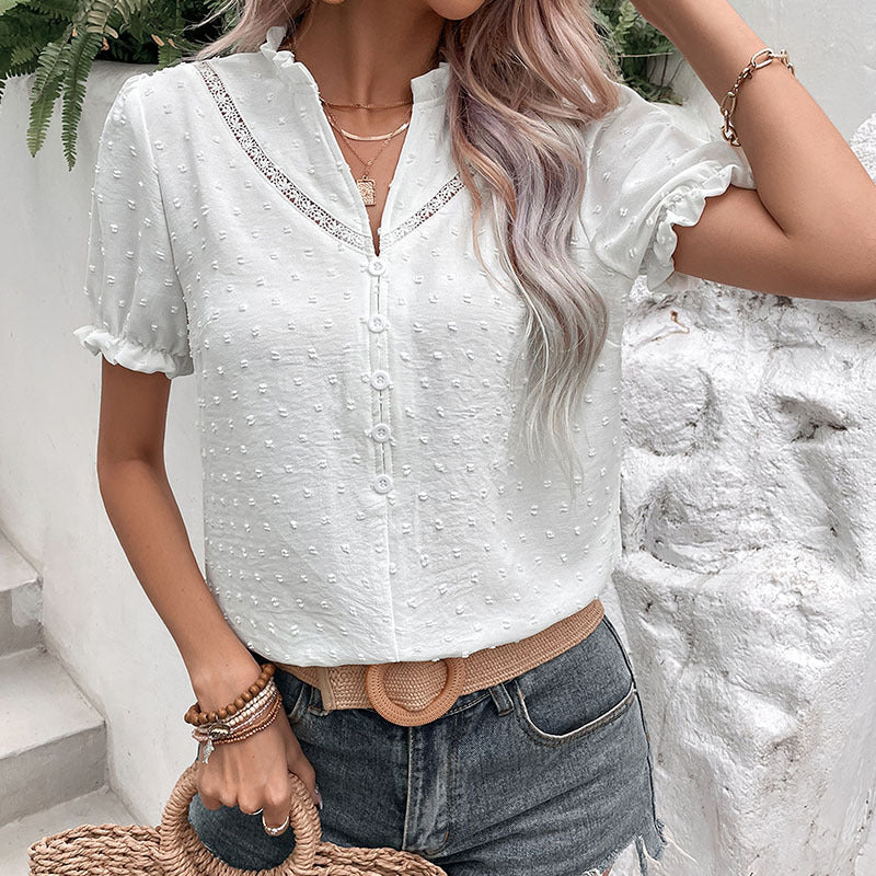 Women's blouse with decorative lace trim and button details, size