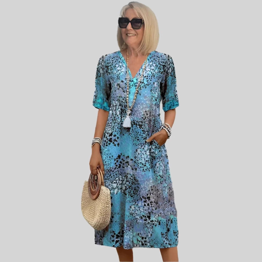 Women's loose summer dress with V-neck and pockets