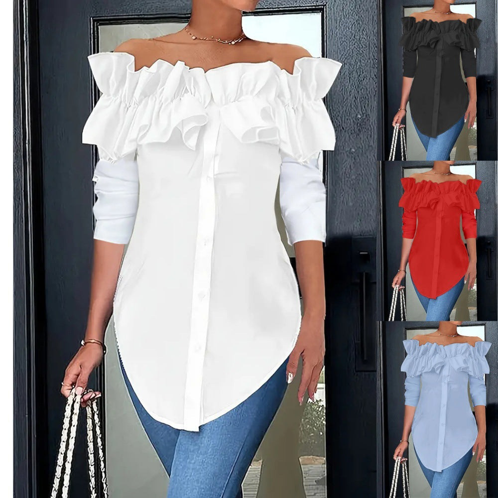 Damen Bluse mit schulterfreiem Design und voluminösen Rüschendetails GR