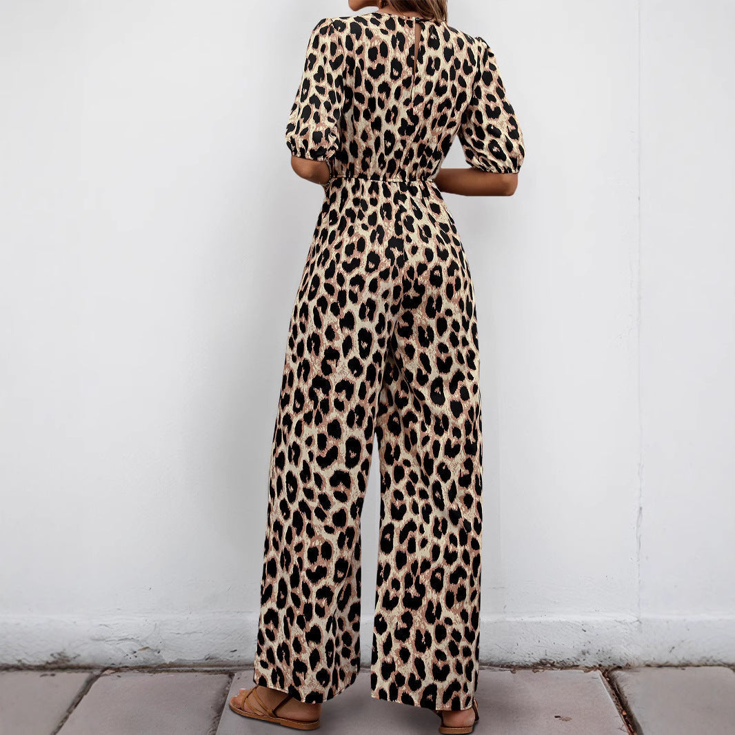 Women's jumpsuit with elegant wrap neckline and fashionable leopard print, size