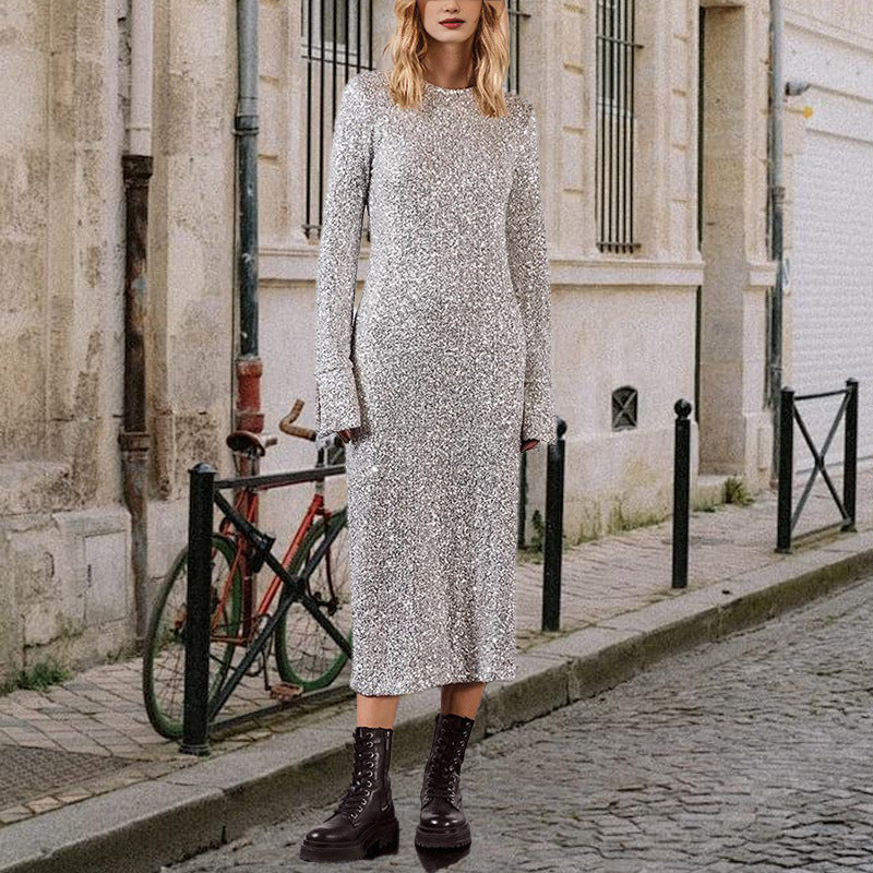 Damen Glitzerndes Midikleid mit elegantem Rundhalsausschnitt und figurschmeichelndem Schnitt GR