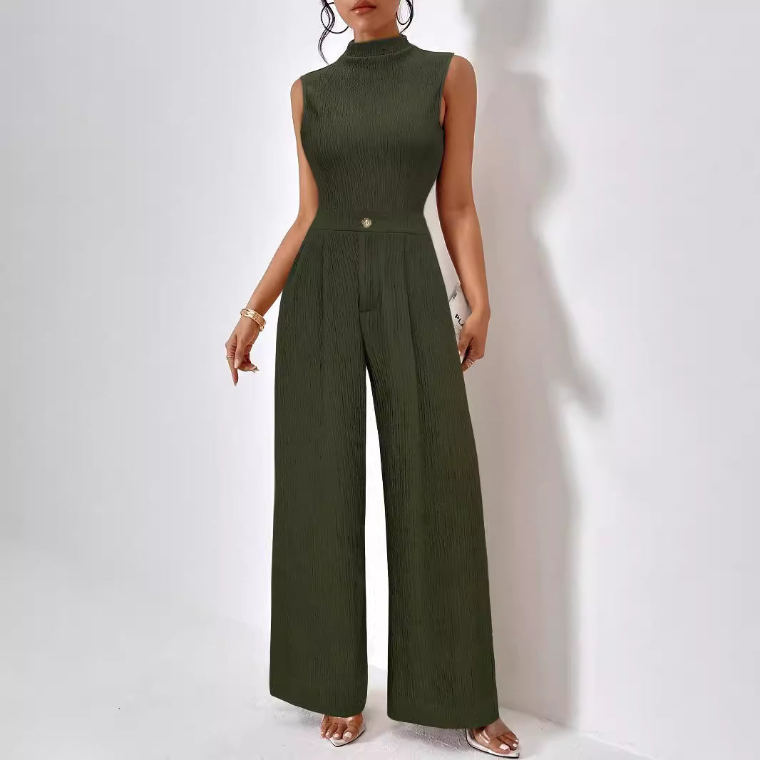 Women's elegant jumpsuit with ribbed texture and high collar, size