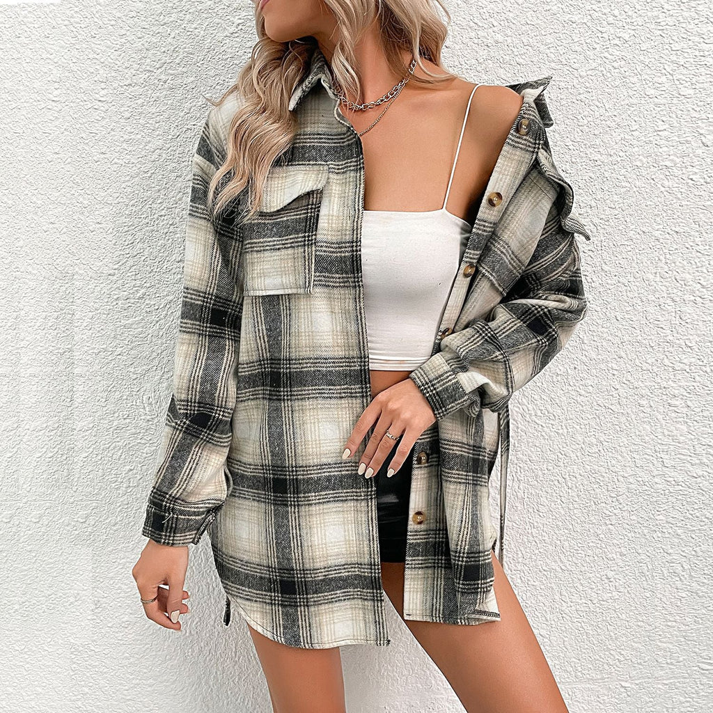 Damen lässige Overshirt-Jacke im Karo-Design mit knöpfbarer Front GR