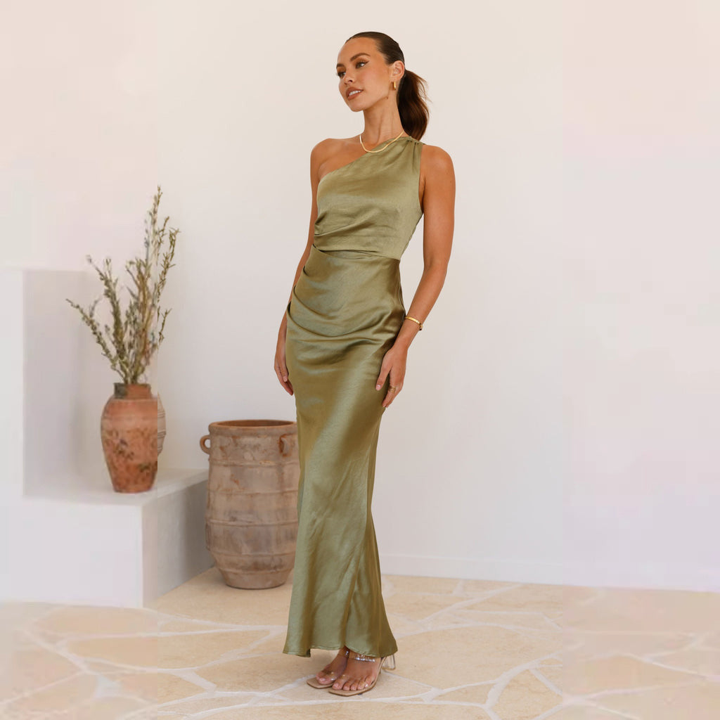 Women's sheath dress with asymmetrical neckline and flowing cut, size