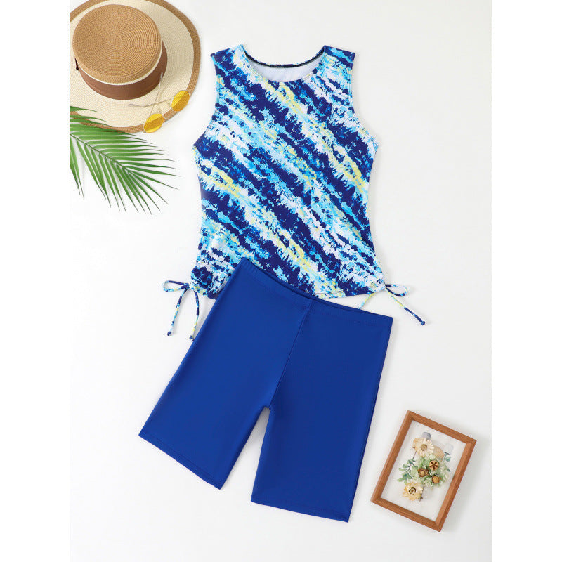 Damen Sportliches Tankini-Set mit modischem Wasserfarbmuster und bequemen Shorts GR