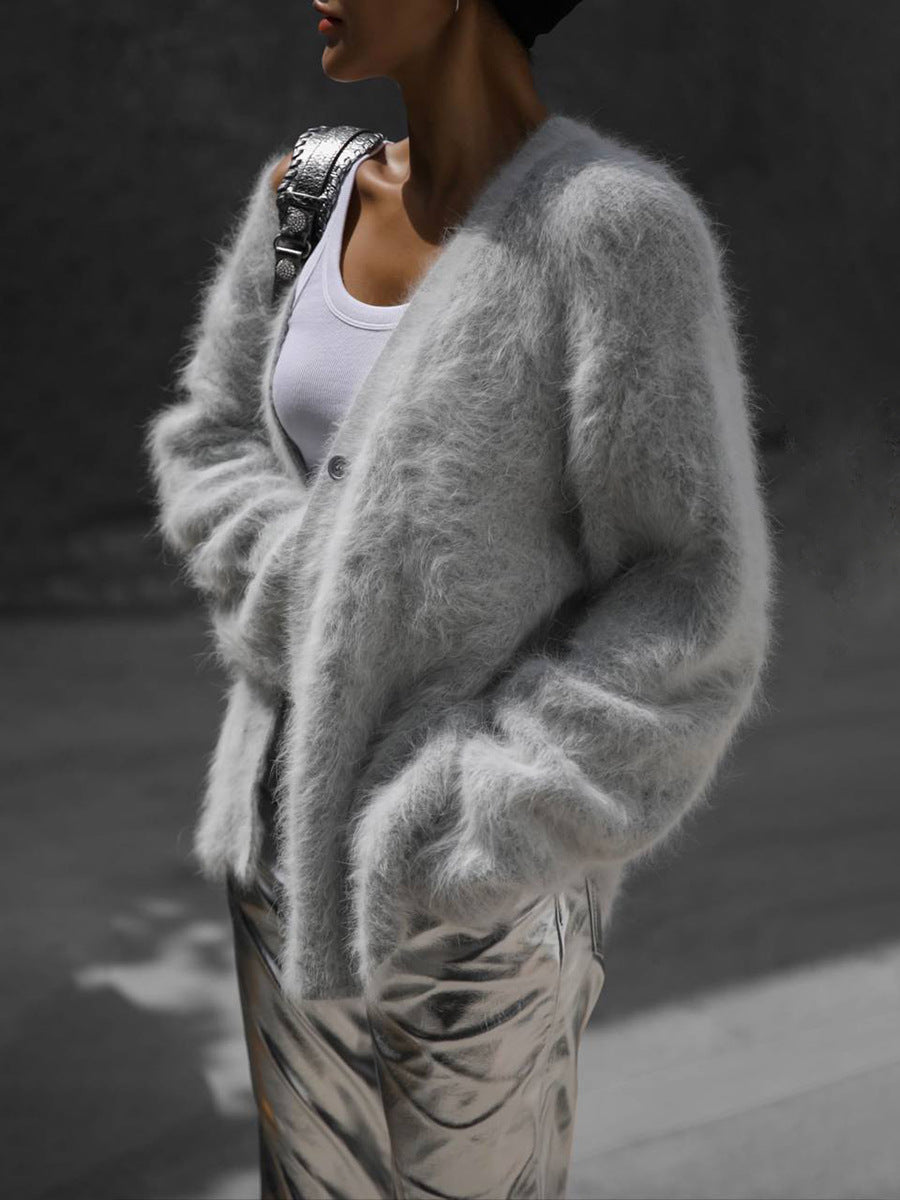 GR Plush Loose Long Sleeve V-Neck Buttoned Cardigan