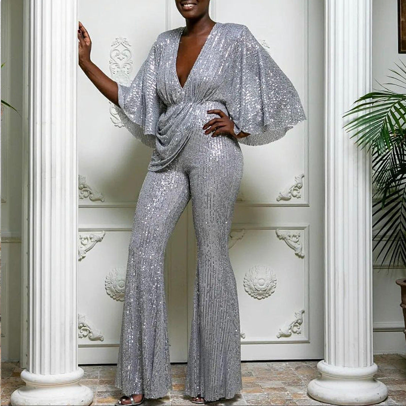 GR | Sequin Deep V Backless Long Pants Jumpsuit