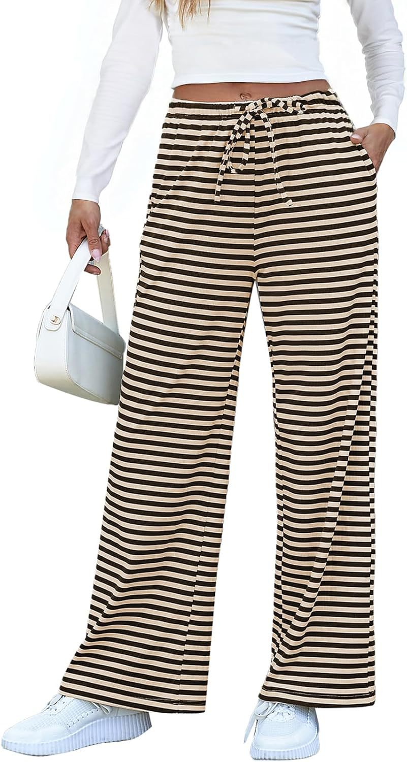 Damen weite Streifenhose mit elastischem Bund und Kordelzug GR