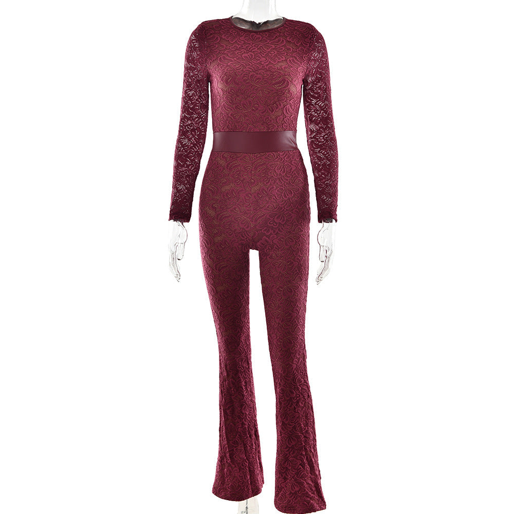 Women's Elegant Lace Jumpsuit with Floral Motifs Size
