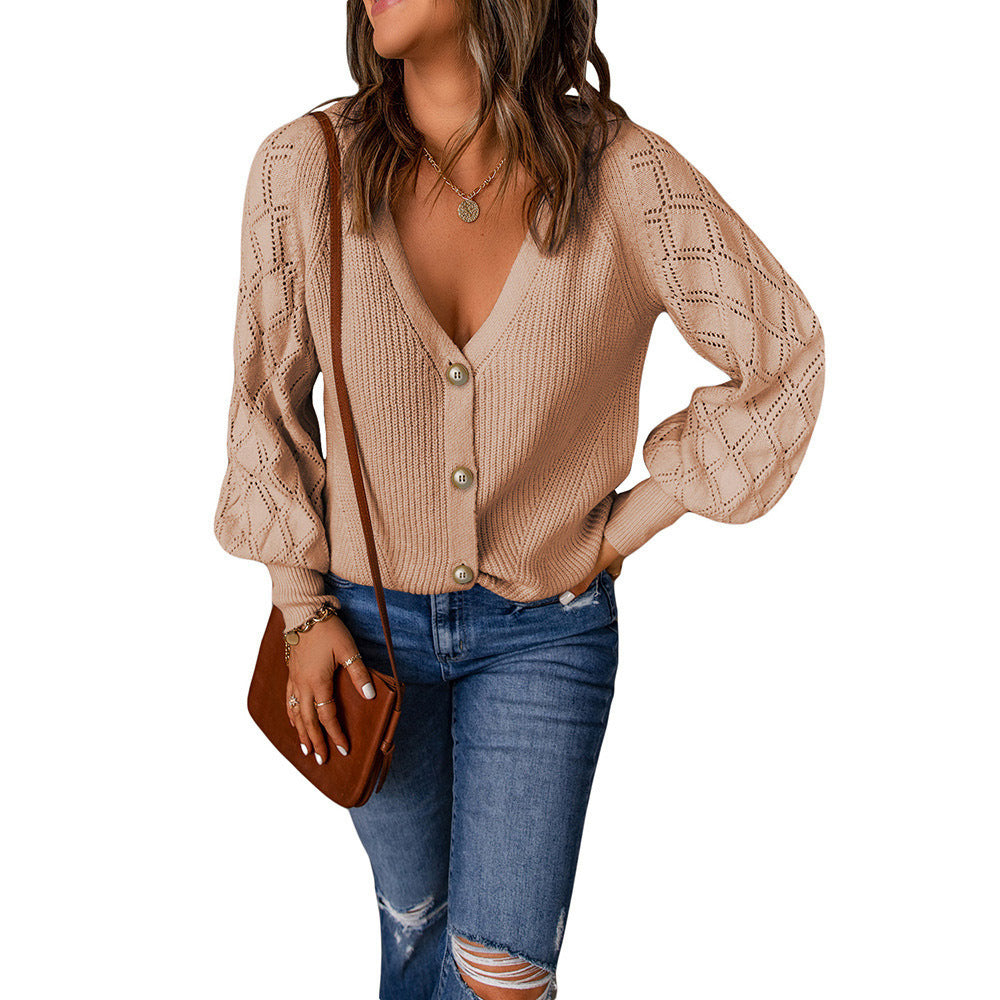 Damen Strickjacke mit V-Ausschnitt und Puffärmeln GR