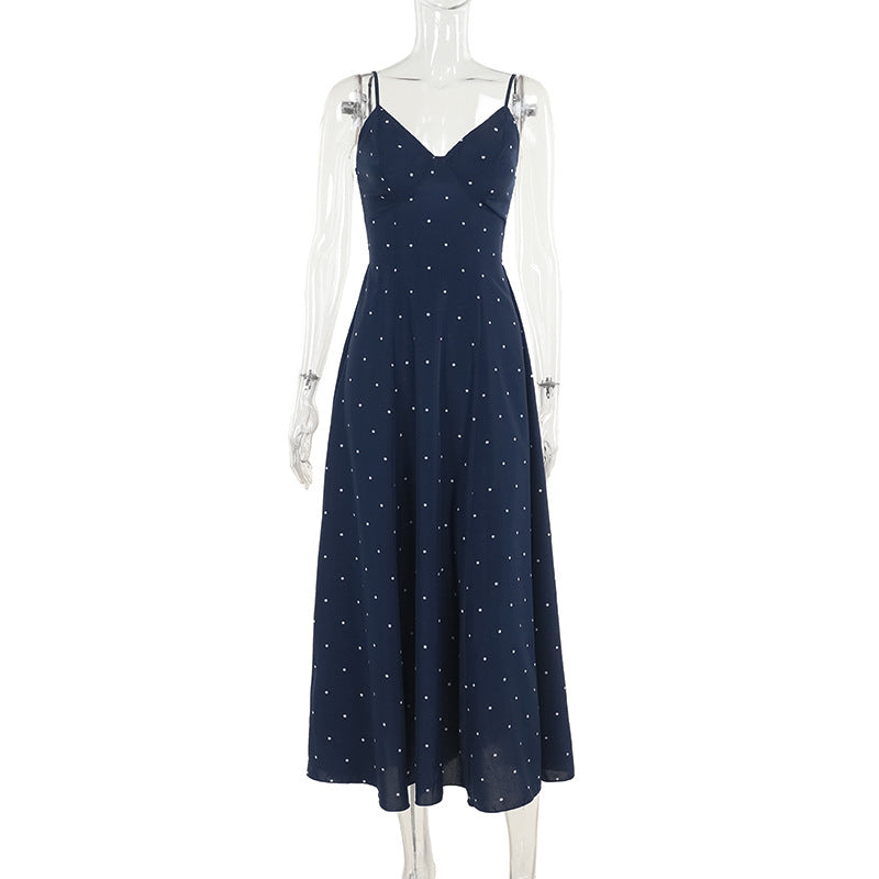 Women's midi dress with delicate spaghetti straps and polka dot design, size GR