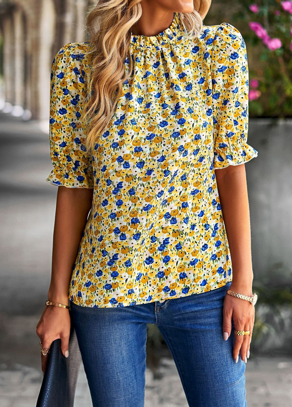 Damen Bluse mit verspieltem Blumendesign und Puffärmeln GR