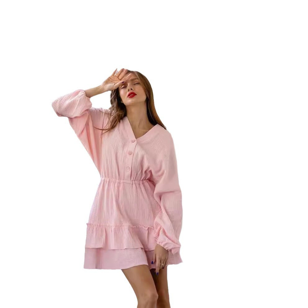 Damen lässiges Babydoll Kleid mit Knopfdetails und voluminösen Ärmeln GR