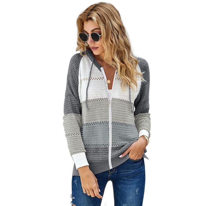 Women's casual cardigan with hood and decorative openwork pattern, size