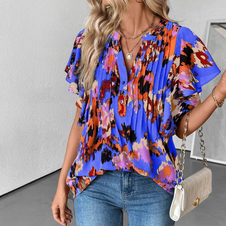 Damen Bluse mit eleganten Rüschendetails und verspieltem Print GR