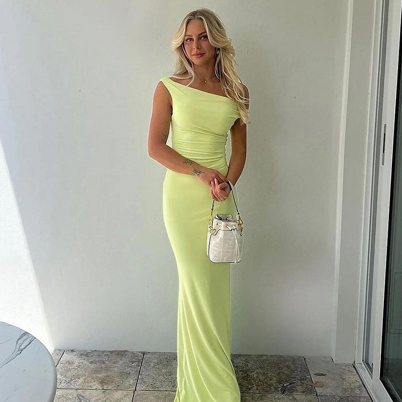 Women's sheath dress with off-the-shoulder design and figure-hugging cut, size [size missing]