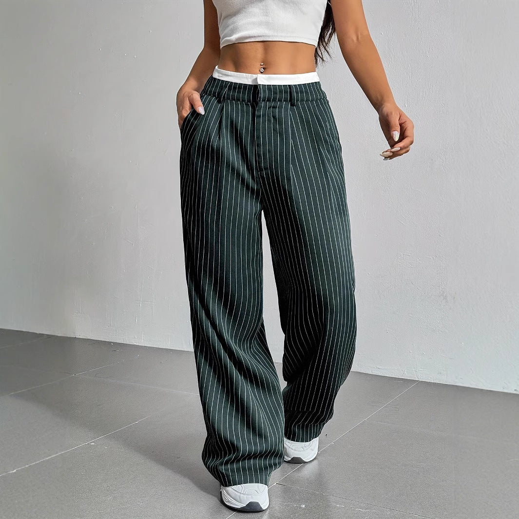Women's Elegant Wide-Leg Pinstripe High-Waisted Trousers, Size