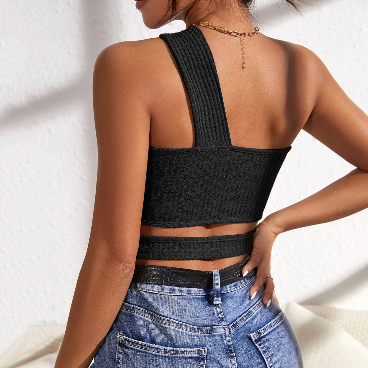Women's asymmetrical crop top with innovative cut-out, size