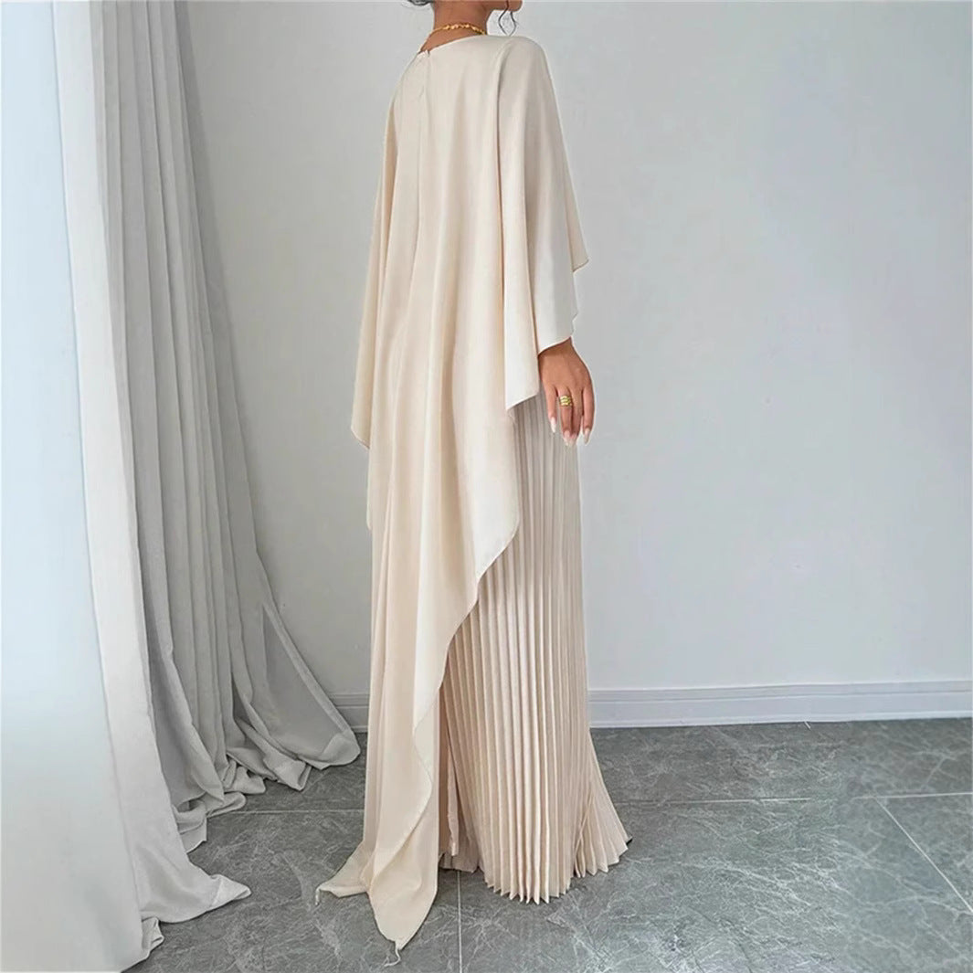 GR | Elegant long dress with batwing sleeves, pleated asymmetrical design, and flowing fit