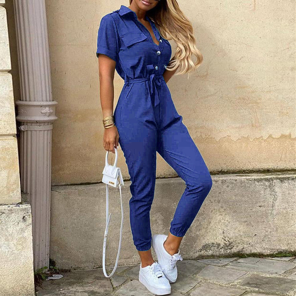 Women's figure-hugging short jumpsuit with button placket and adjustable belt, size S