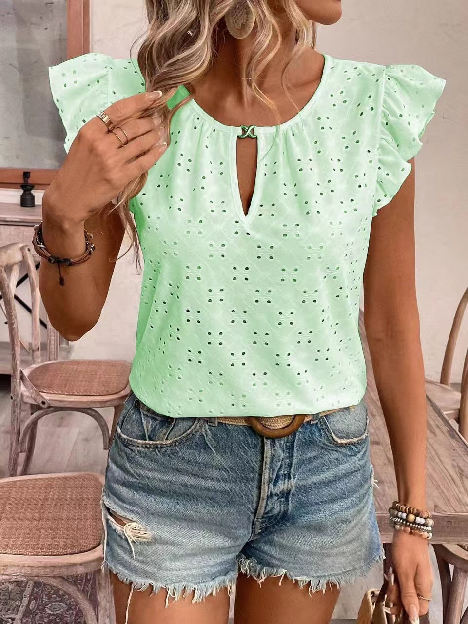 Damen Bluse mit Rüschendetails und Lochstickerei GR
