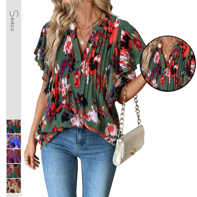 Damen Bluse mit eleganten Rüschendetails und verspieltem Print GR