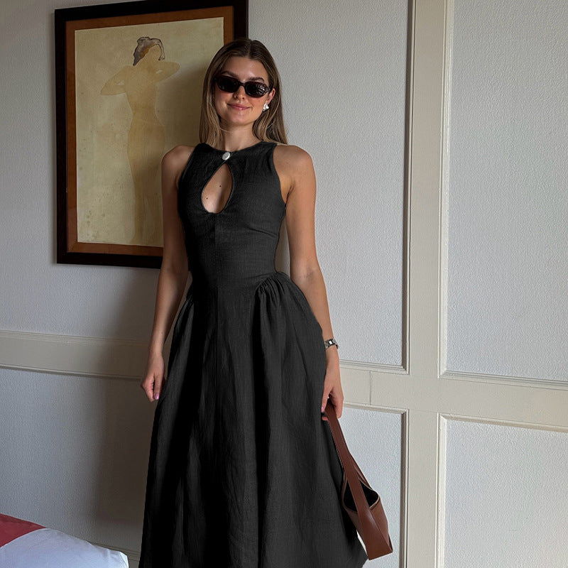 Women's midi dress with chic keyhole neckline and elegant skirt, size S