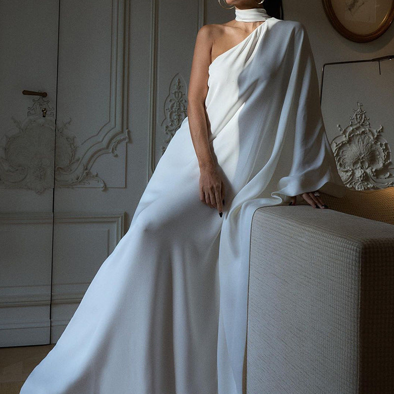 Women's elegant one-shoulder evening dress with flowing fabric and chic collar, size S