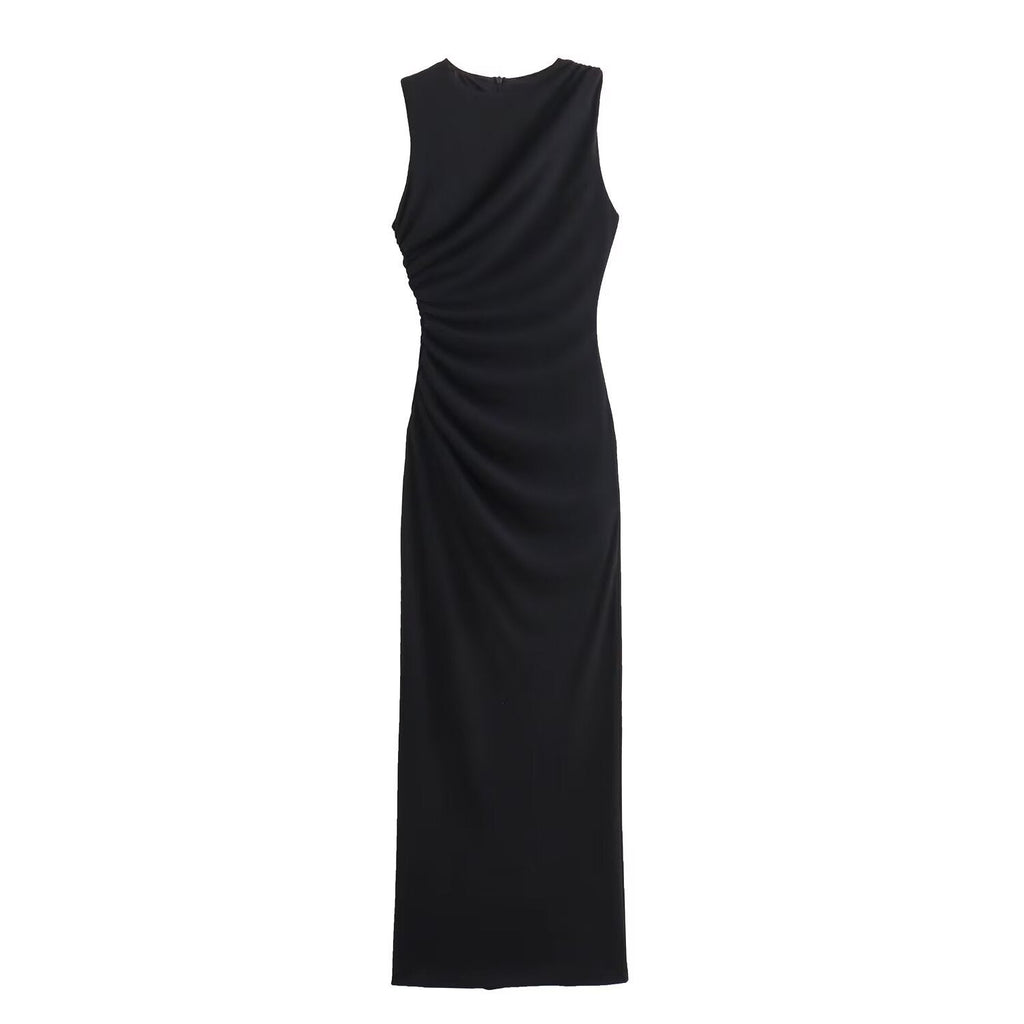 GRMODE | Solid Color Round Neck Sleeveless Pleated Slim Fit Dress
