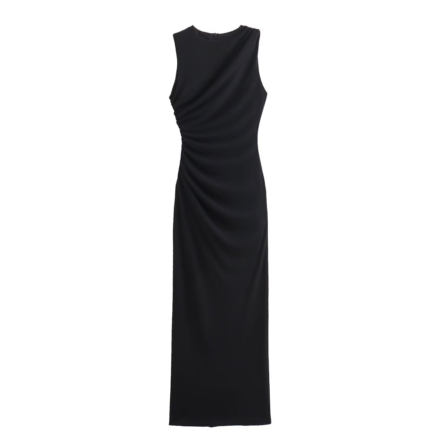 GRMODE | Solid Color Round Neck Sleeveless Pleated Slim Fit Dress
