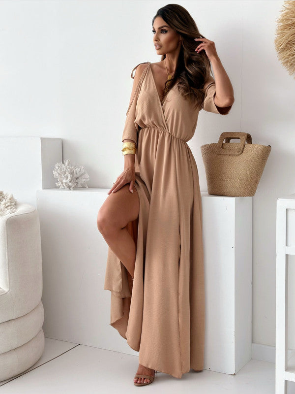 GR | Satin-Träger-Spitzen-V-Ausschnitt-Langes Kleid