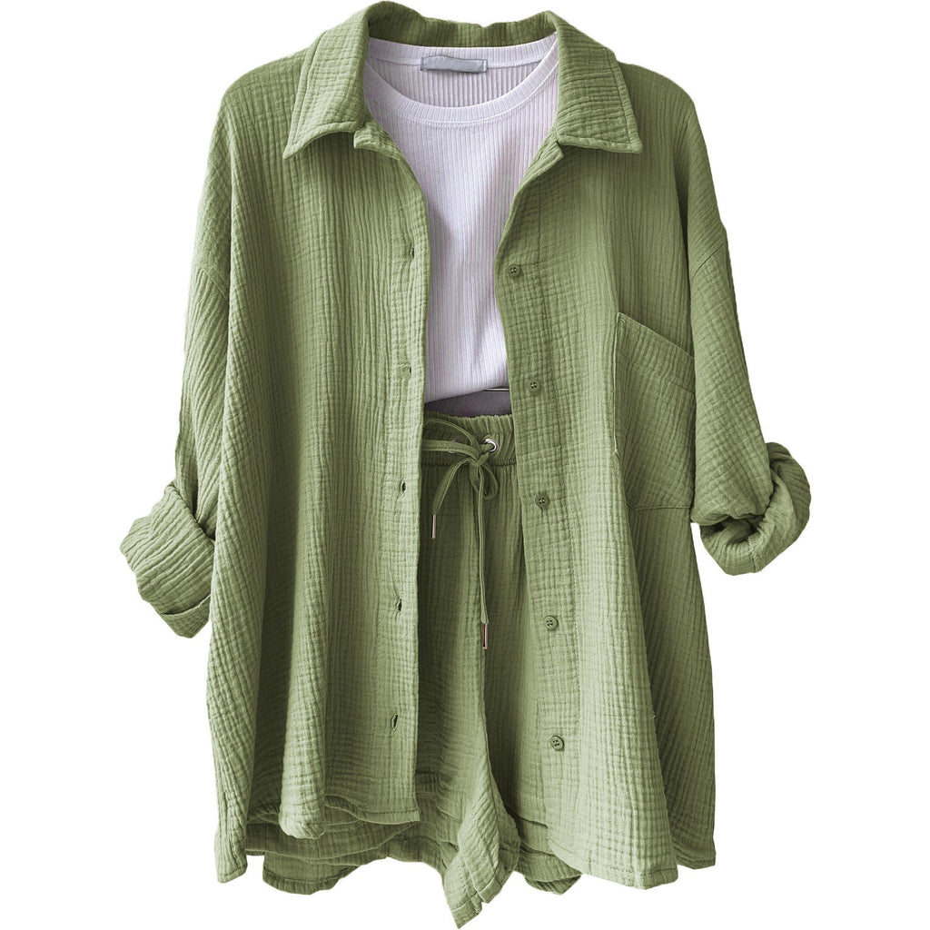 Women's casual summer outfit with modern button placket and elastic waistband, size S