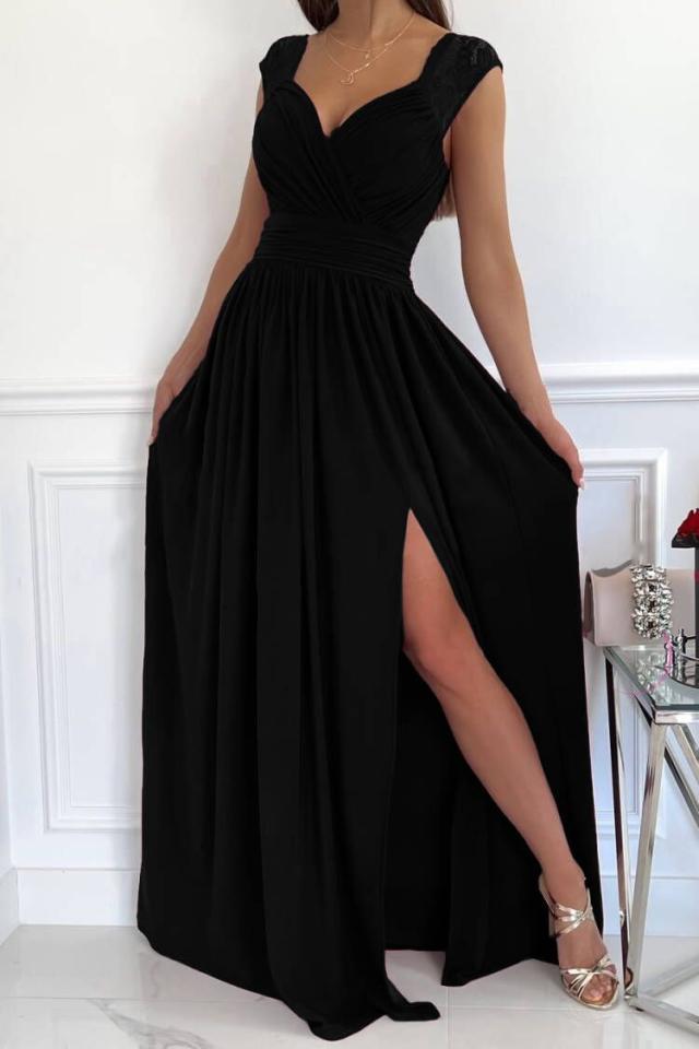 Glamorous ruffled evening dress with V-neck & slit