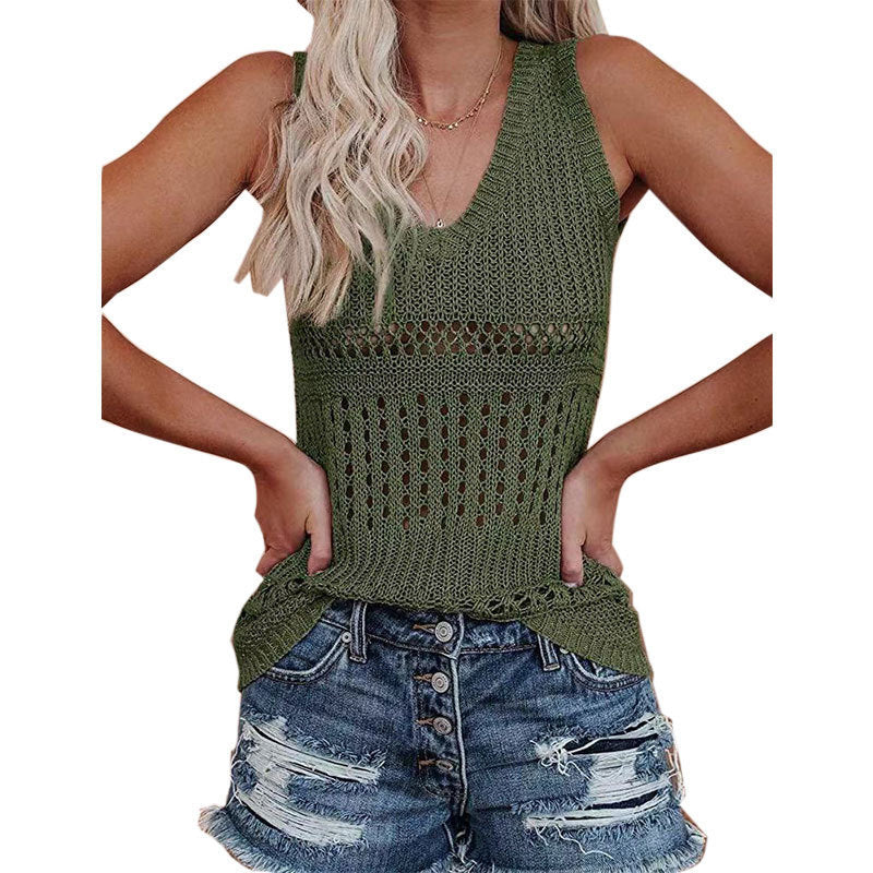 Damen luftiges Stricktop mit V-Ausschnitt und feinen Lochmustern GR