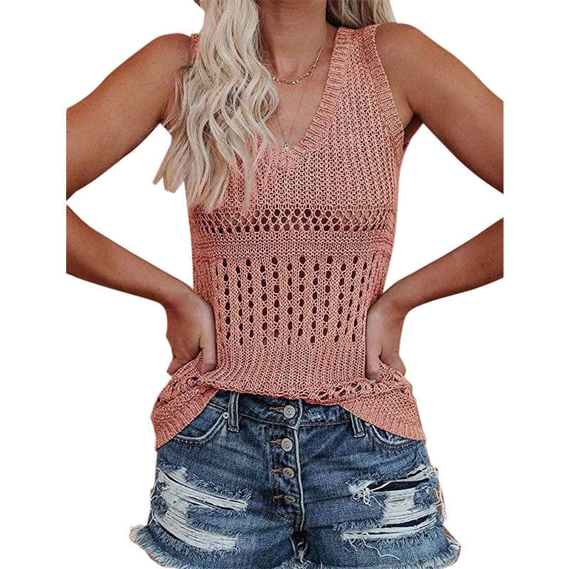 Damen luftiges Stricktop mit V-Ausschnitt und feinen Lochmustern GR