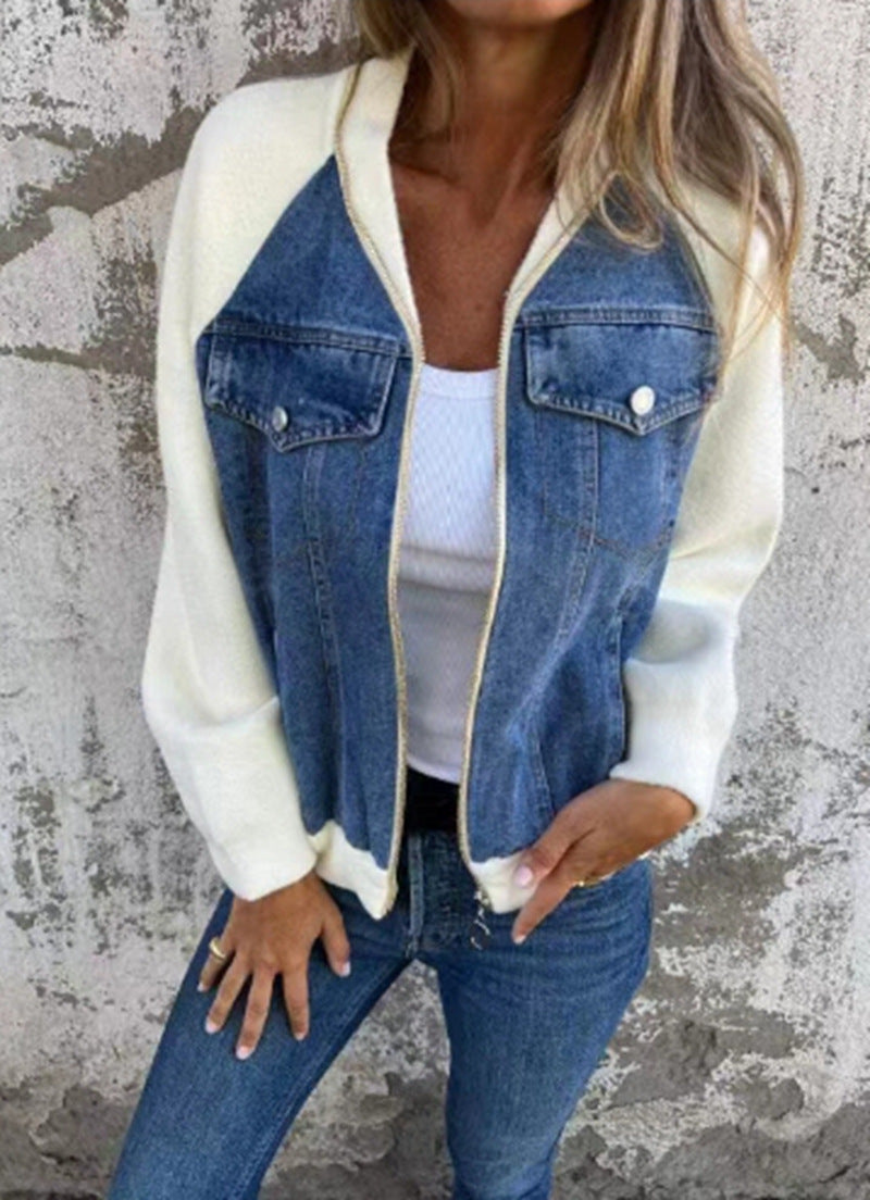 Women's denim jacket with contrasting sleeves and practical pockets, size S